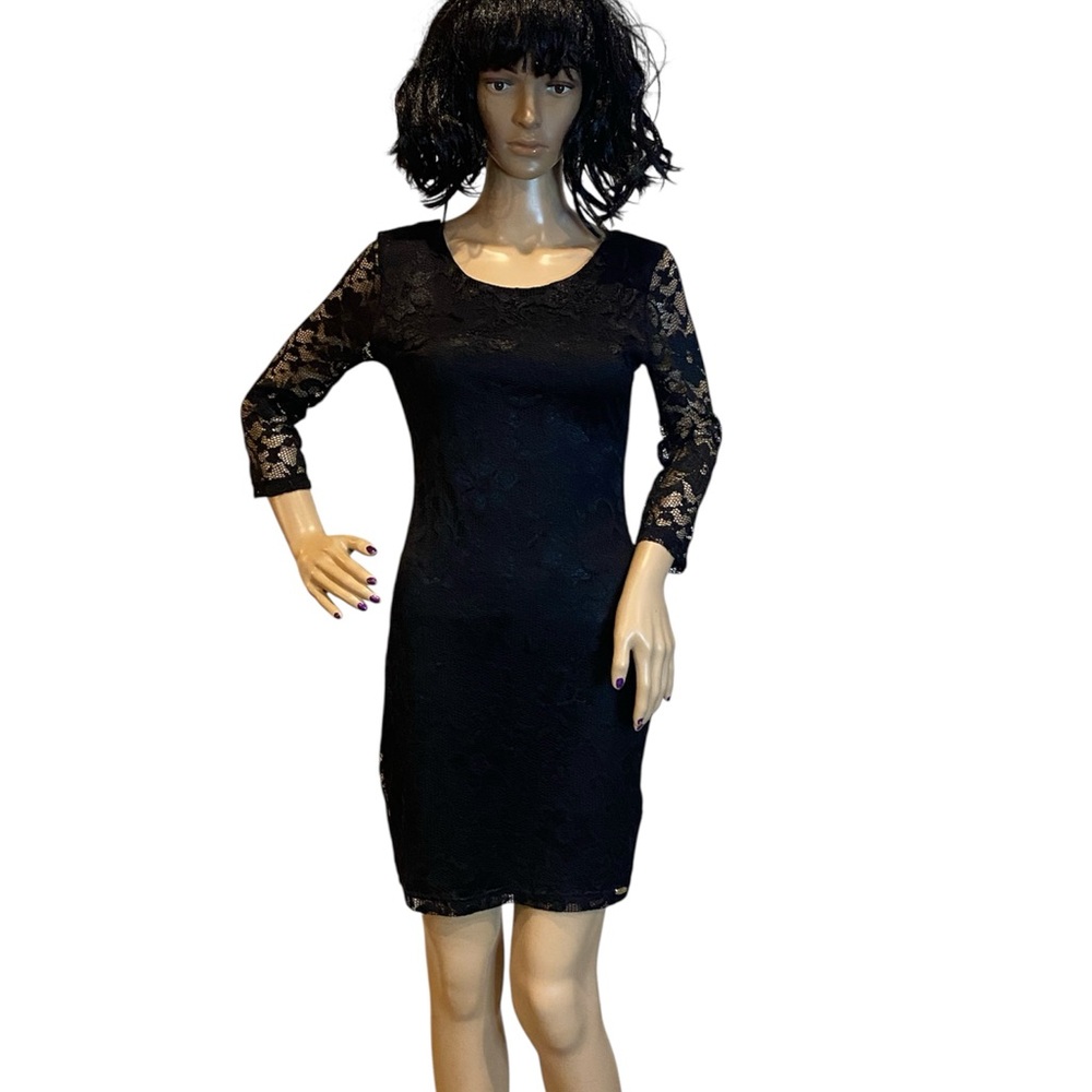Guess Sexy Party After 5 Lace Bodycon Mini Dress 3/4 Sleeves Black Sz Medium EUC